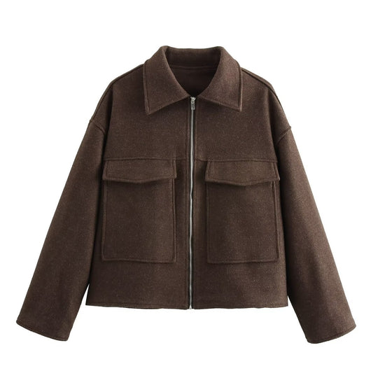 Damen Kurzjacke aus Wollmix mit großen Pattentaschen und durchgehendem Reißverschluss Nord Taschen