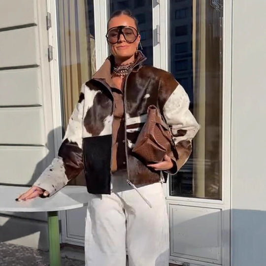 Damen Kurzjacke aus Haarigem Kunstfell mit Patchwork‑Optik und hohem Stehkragen Nord Taschen