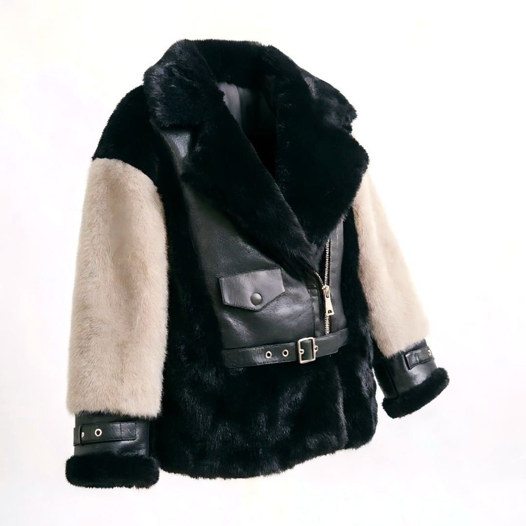Damen Kurzjacke im Aviator‑Stil aus Lammfellimitat mit Kontrastärmeln Nord Taschen