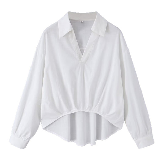 Damen Weite Bluse mit V‑Ausschnitt, Hemdkragen und gerafftem Hoch-Tief-Saum Nord Taschen