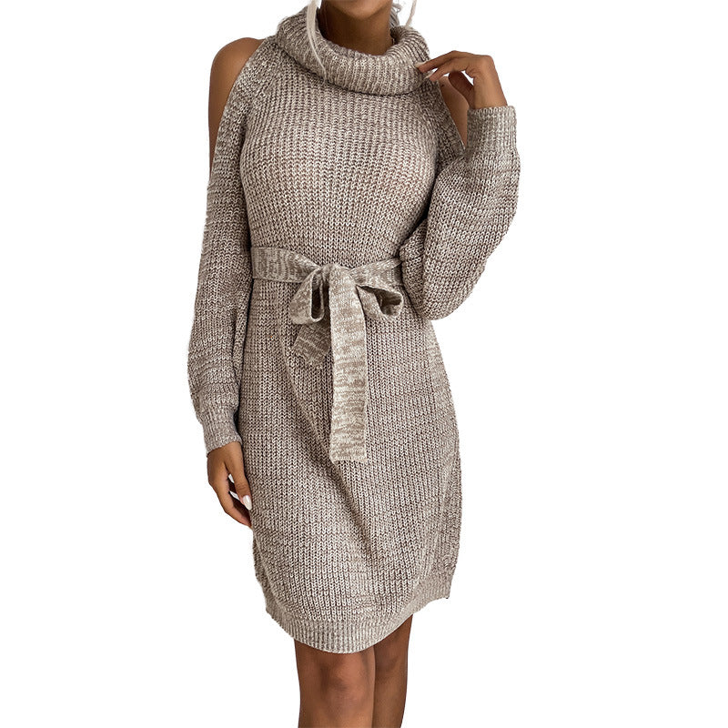 Damen Strick-Tunikakleid mit Rollkragen, Cut-Out-Schultern und Bindegürtel Nord Taschen
