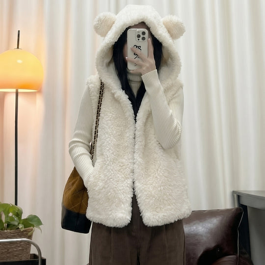 Damen nan kuschelige Teddyweste mit Kapuze und Reißverschluss Nord Taschen