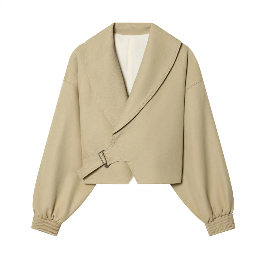 Damen Kurzjacke mit weitem Matrosenkragen, Ballonärmeln und asymmetrischer Schnallenverschluss Nord Taschen
