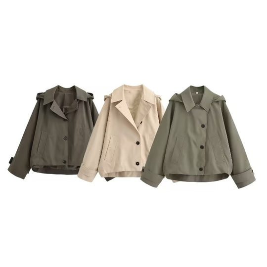 Damen Kurze Oversize-Trenchjacke mit Umlegekragen und Schulterklappen Nord Taschen