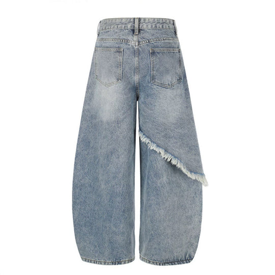 Damen High‑Waist weite Palazzo-Jeans mit asymmetrischem Fransen-Detail und Strassapplikation Nord Taschen