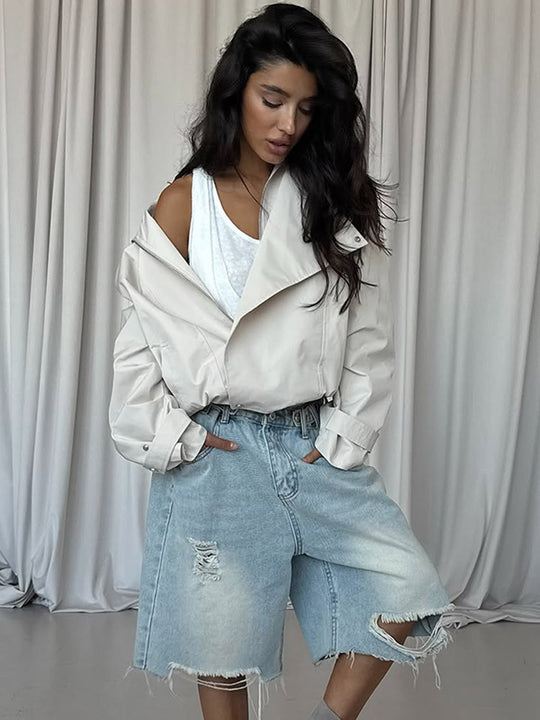 Damen Kurzjacke im Oversize-Look mit weitem Revers und Tunnelzug-Taillierung Nord Taschen