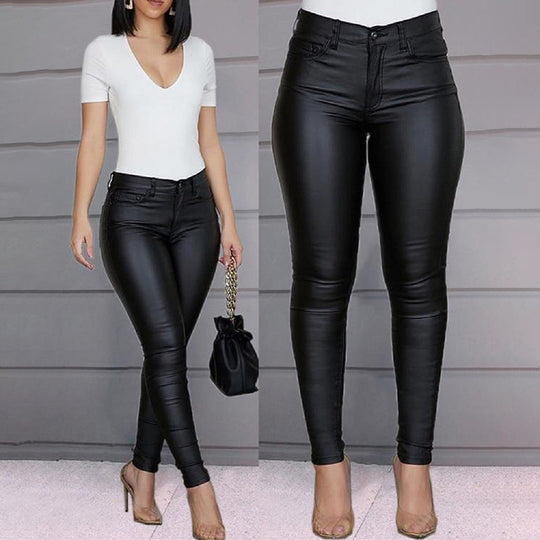 Damen figurbetonte High‑Waist Kunstlederhose im Skinny‑Cut mit Five‑Pocket Nord Taschen