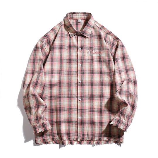 Unisex Overshirt im Karo-Look mit fransigem Saum, Bruststickerei und Knopfleiste Nord Taschen