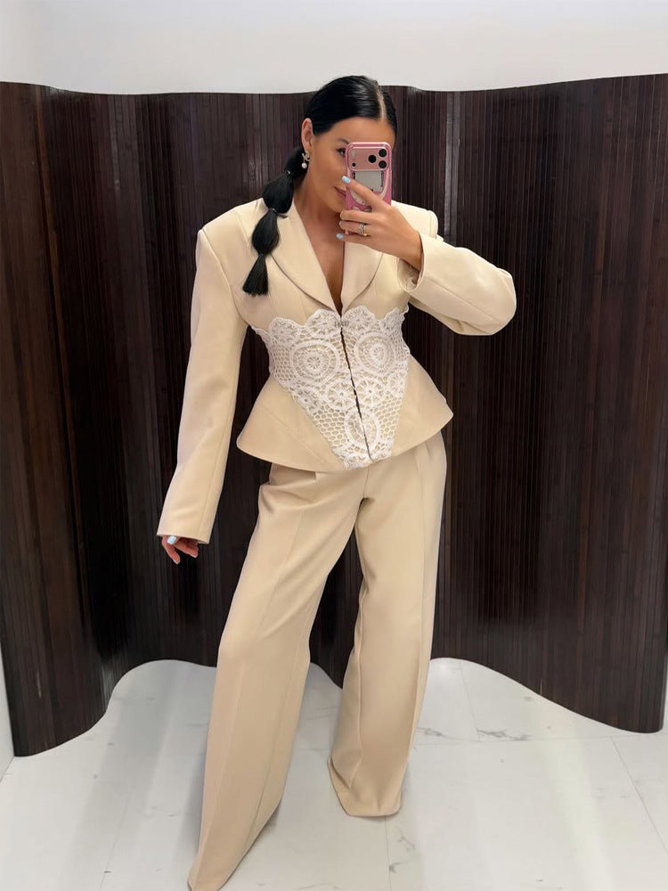 Damen Zweiteiliges Anzugset mit tailliertem Blazer, Spitzen‑Corsage und weiter Palazzohose Nord Taschen