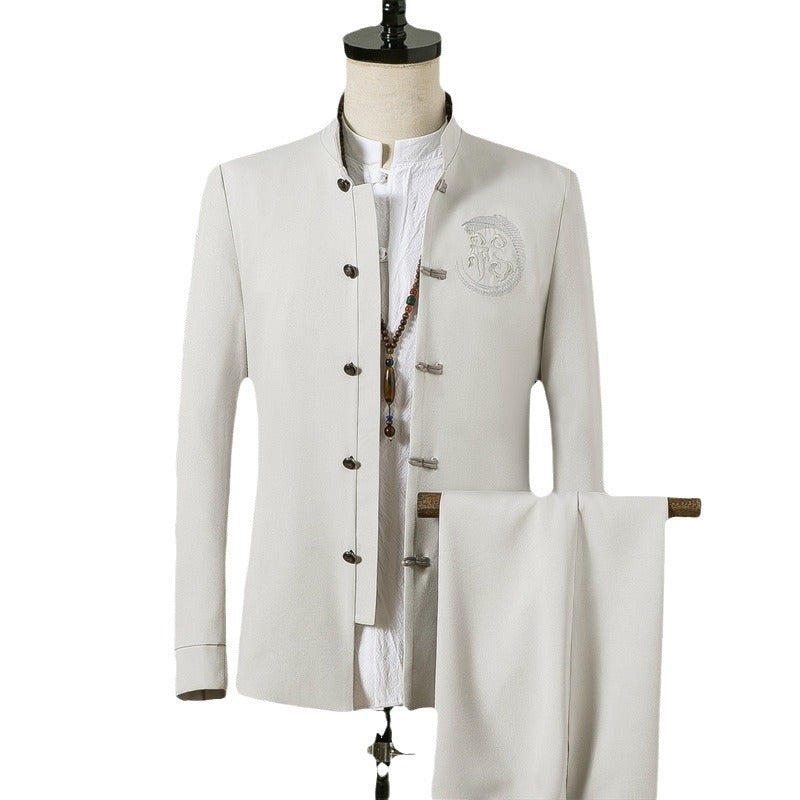 Herren asiatisch inspirierte Mandarinjacke mit Stehkragen, Knotenknopfleiste und tonalem Stick-Emblem Nord Taschen