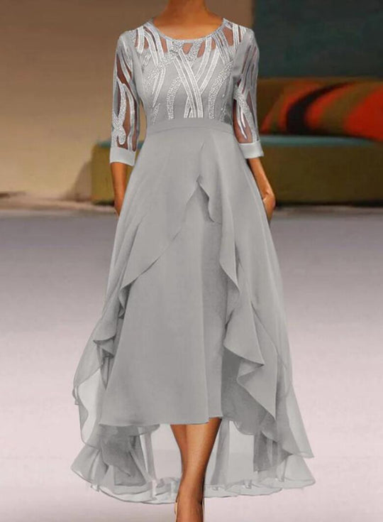 Damen nan edles Chiffon-Abendkleid mit besticktem Tülloberteil, Dreiviertelärmeln und asymmetrischem Stufen-Saum Nord Taschen