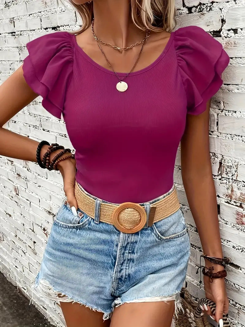 Damen Rippstrickoberteil mit Volants