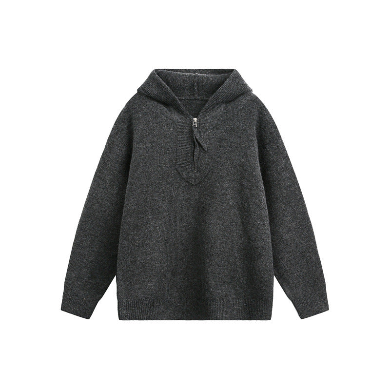 Damen Oversize-Strickpullover mit halbem Reißverschluss und Kapuzenkragen Nord Taschen