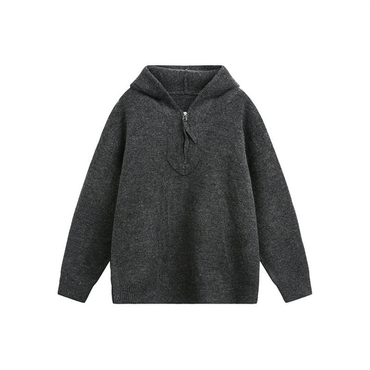 Damen Oversize-Strickpullover mit halbem Reißverschluss und Kapuzenkragen Nord Taschen