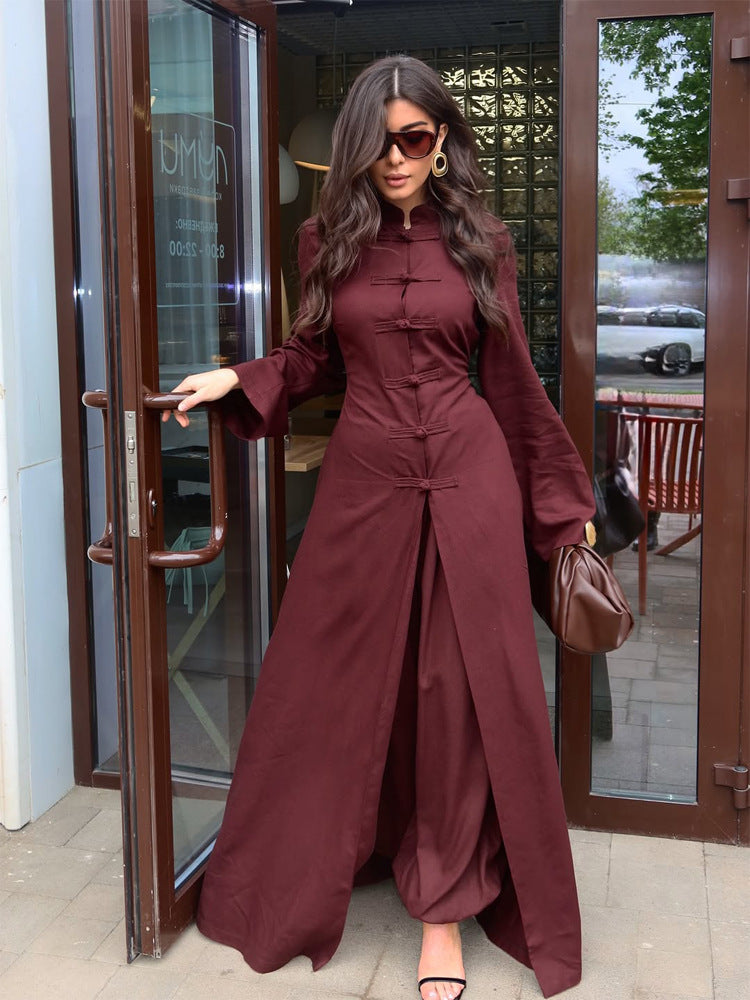 Damen Maxikleid mit Stehkragen, Mandarin-Knopfleiste und drapierter Rockpartie Nord Taschen