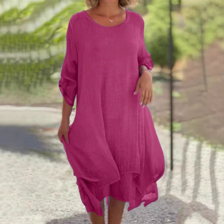 Damen nan weites Musselin-Midikleid mit rundem Halsausschnitt, krempelbaren halblangen Ärmeln und mehrlagigem Stufenrock