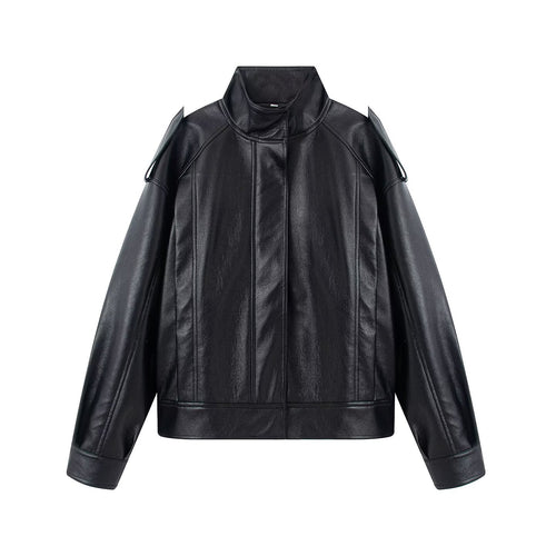 Damen Kurzjacke in Lederoptik mit Stehkragen, überschnittener Schulterpartie und dekorativen Schulterklappen Nord Taschen