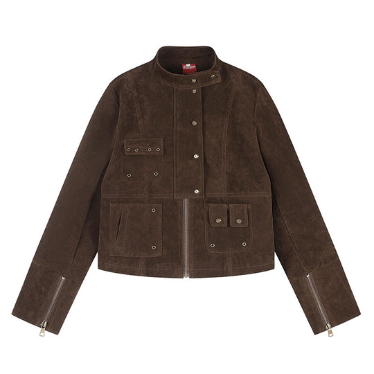 Damen kurze Wildleder-Utilityjacke mit Stehkragen, Mehrfachtaschen und Reißverschluss Nord Taschen