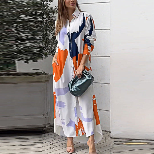Damen Langes Hemdblusenkleid mit abstraktem Pinselprint und seitlichen Eingrifftaschen Nord Taschen