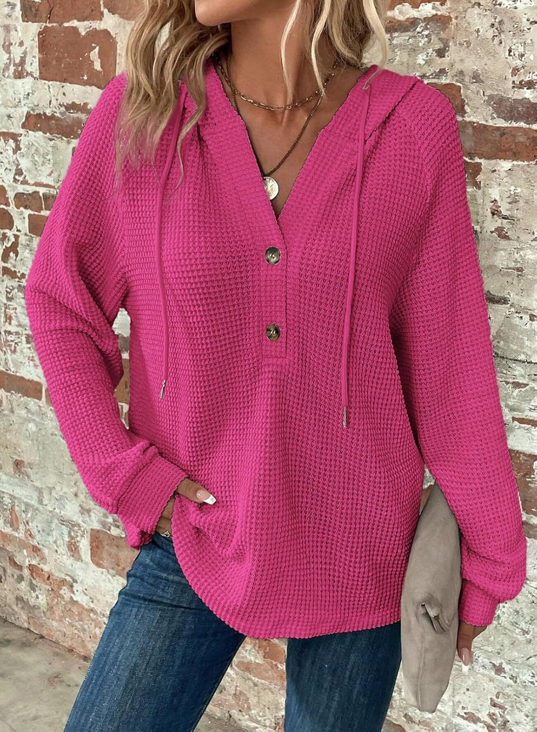 Damen Waffelstrick-Hoodie mit Henley-Knopfleiste und Oversize-Schnitt Nord Taschen