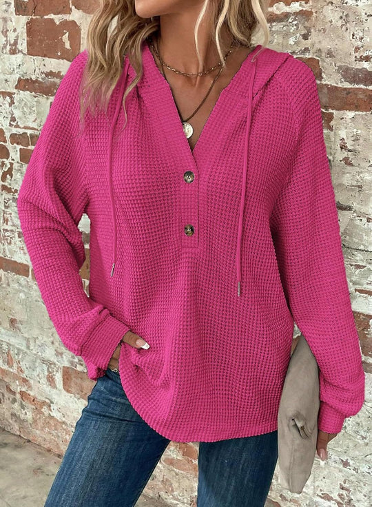 Damen Waffelstrick-Hoodie mit Henley-Knopfleiste und Oversize-Schnitt Nord Taschen