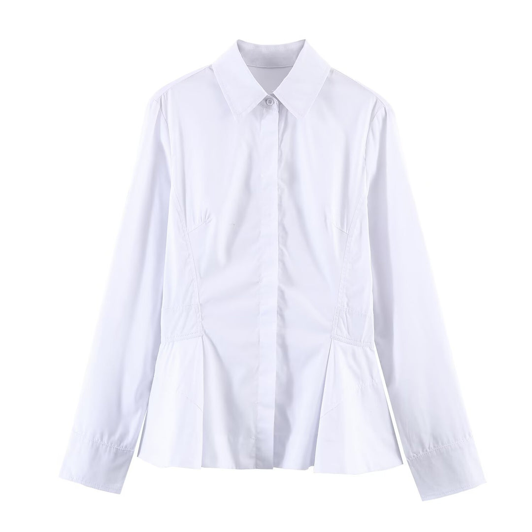 Damen Taillierte Popeline‑Bluse mit Peplum-Details und verdeckter Knopfleiste Nord Taschen