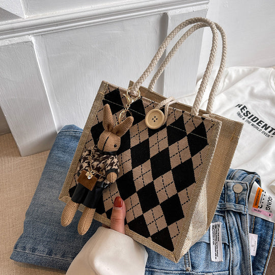 Damen Jute-Handtasche mit modernem Rautenmuster Nord Taschen