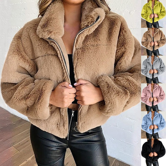 Damen Kurz geschnittene Kuschel-Fleece-Steppjacke mit Stehkragen und Reißverschluss Nord Taschen