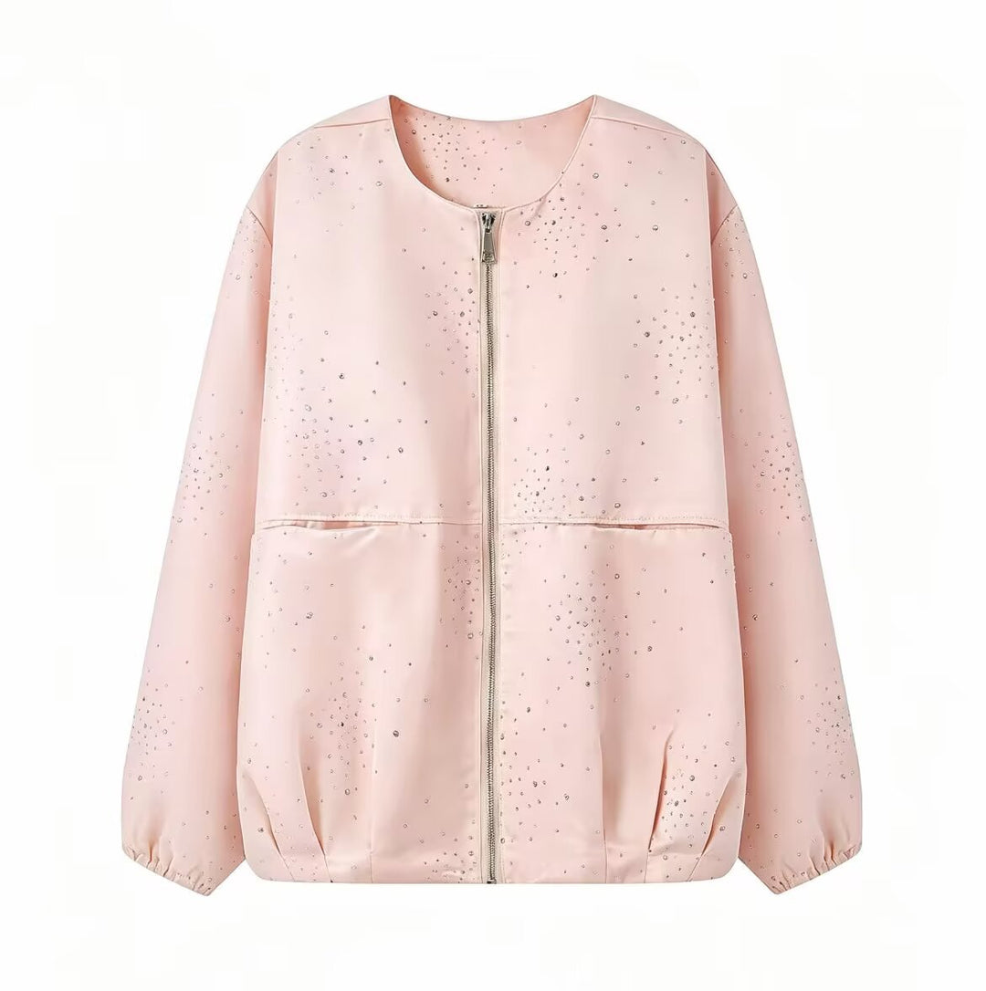Damen Boxy‑Blouson mit Rundhals, Metallreißverschluss und dezentem Glitzerbesatz Nord Taschen