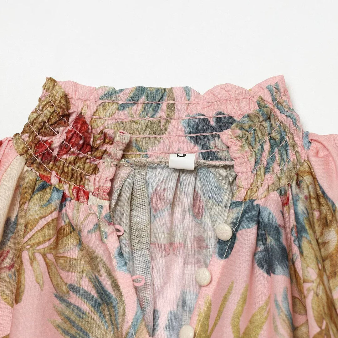 Damen Fließende Seidenähnliche Bluse mit Rüschkragen, Knopfleiste und Ballonärmeln Nord Taschen