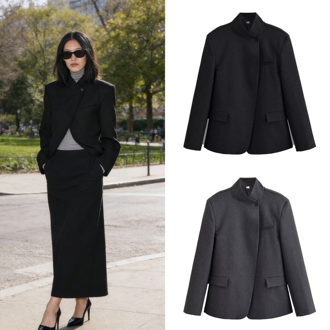 Damen Strukturierter Kurzblazer im Minimalstil mit Stehkragen und verdeckter Knopfleiste Nord Taschen