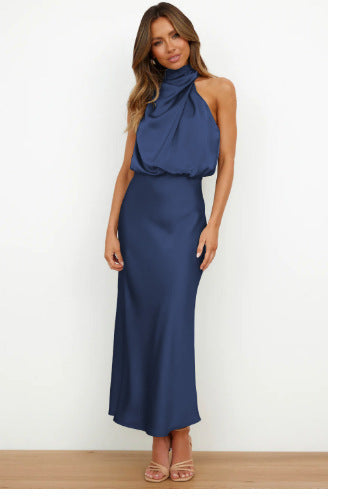 Damen Fließendes Maxikleid mit elegantem Stehkragen und Drapierung