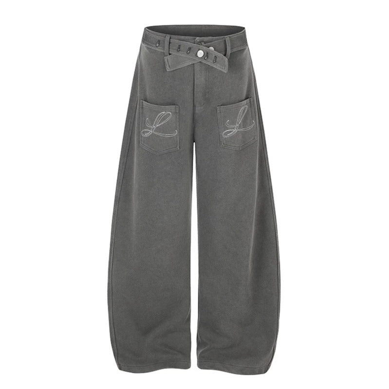 Damen Weite High‑Waist Palazzo-Jogginghose mit aufgesetzten Taschen, Zierstickerei und verstellbarem Gürtel Nord Taschen