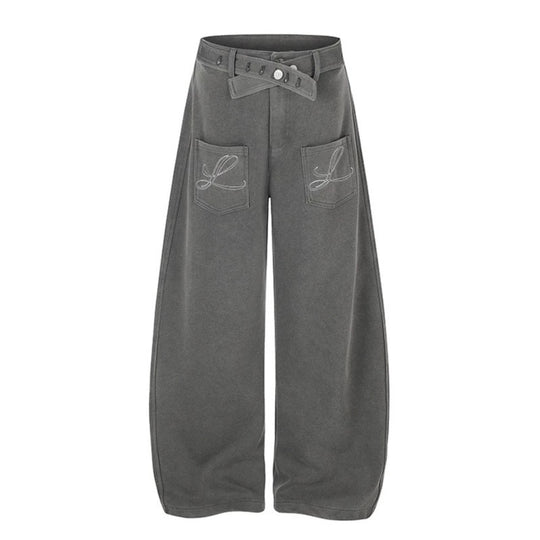 Damen Weite High‑Waist Palazzo-Jogginghose mit aufgesetzten Taschen, Zierstickerei und verstellbarem Gürtel Nord Taschen