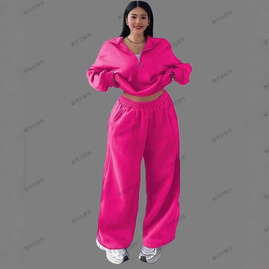 Damen Cropped Oversize-Sweatshirt mit halbem Reißverschluss und weite High-Waist Jogginghose Set Nord Taschen