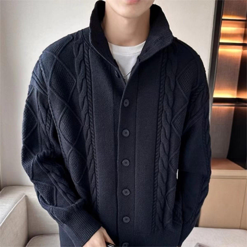 Herren Lockere Strick-Cardigan mit hohem Stehkragen und Zopfmuster Nord Taschen