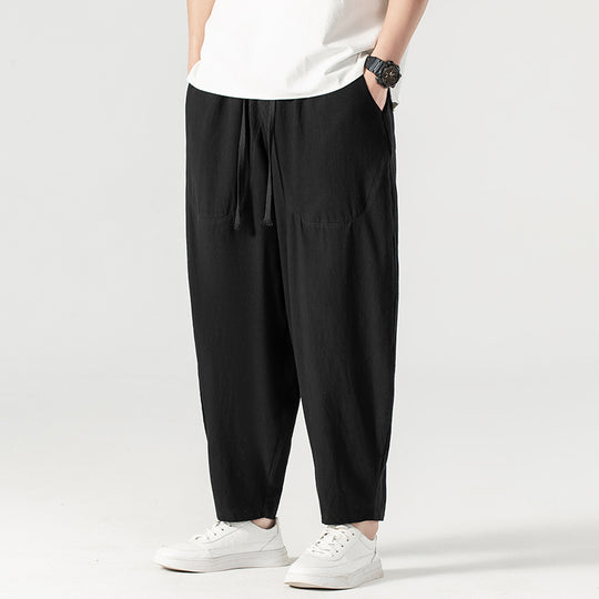 Herren Lässige Leinen-Baumwoll-Hose mit weitem Bein, Kordelzug und aufgesetzten Taschen Nord Taschen