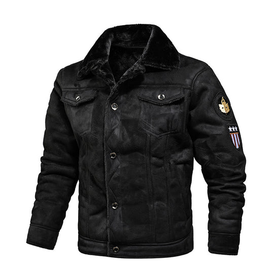 Herren Fliegerjacke aus Kunstleder mit Teddyfell-Futter und Aufnäher Nord Taschen