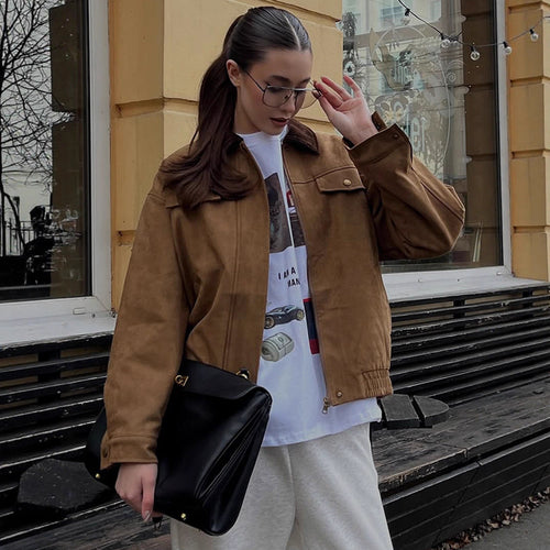 Damen Boxy-Suede-Blousonjacke mit Cordkragen und Teddyfutter Nord Taschen