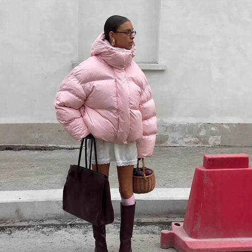 Damen kurze oversized Stepp-Daunenjacke mit Kapuze und hohem Stehkragen Nord Taschen