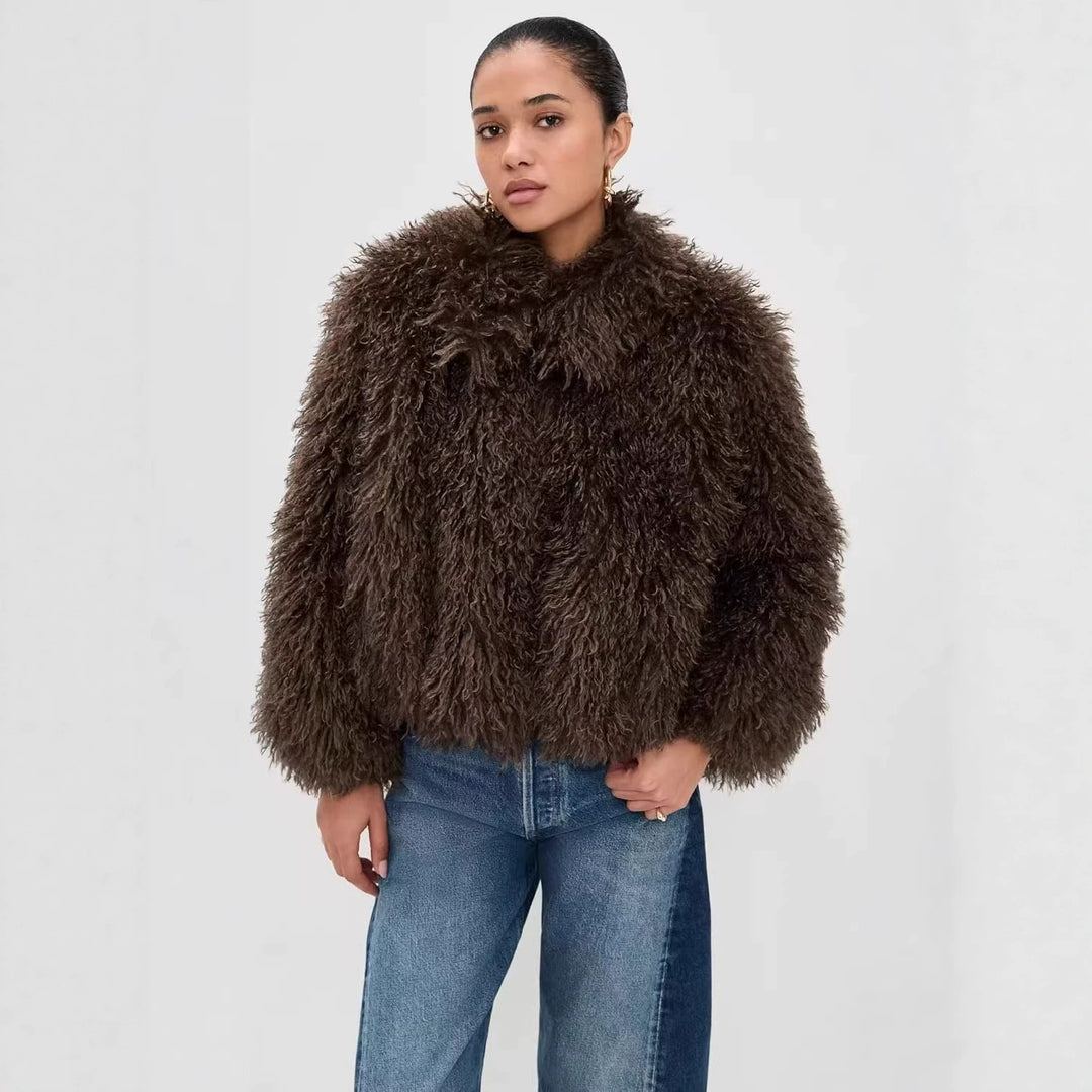 Damen kurzer shaggy Kunstpelz-Blouson mit dichtem Hochflor Nord Taschen