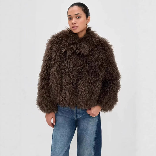 Damen kurzer shaggy Kunstpelz-Blouson mit dichtem Hochflor Nord Taschen