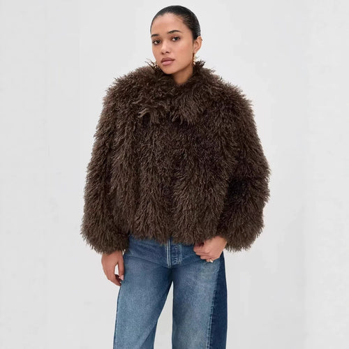 Damen kurzer shaggy Kunstpelz-Blouson mit dichtem Hochflor Nord Taschen