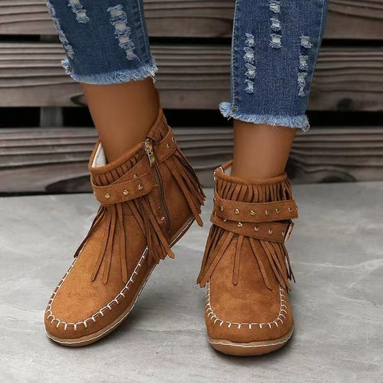 Damen Fransen-Ankleboots im Mokassinstil mit Ziernaht, Schnallenriemen und weicher Gummisohle Nord Taschen