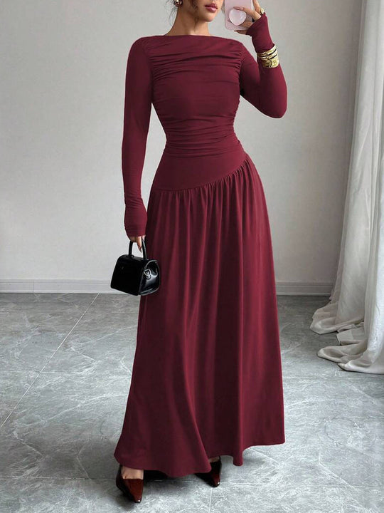 Damen Maxikleid mit gerafftem Oberteil, tailliertem Bund und Langarm Nord Taschen