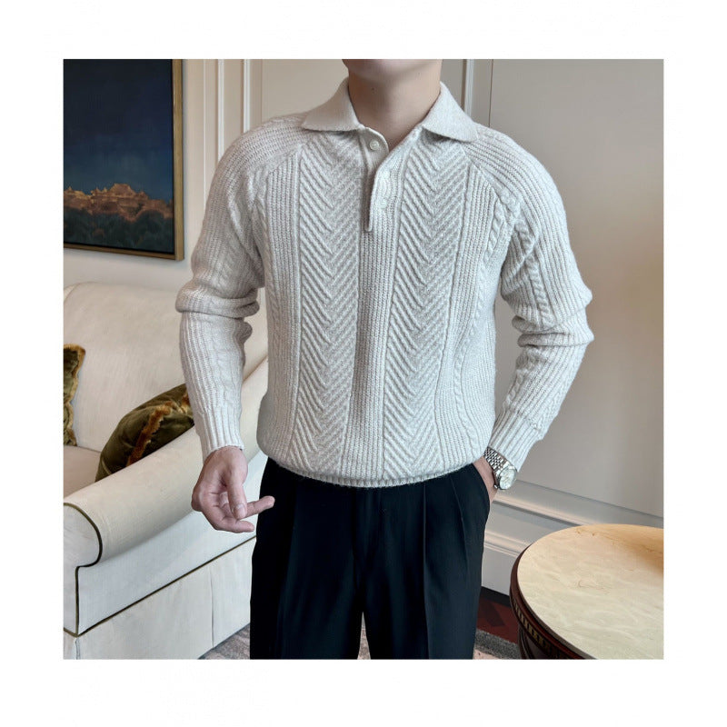 Herren Polokragen-Zopfstrick-Pullover mit halber Knopfleiste Nord Taschen