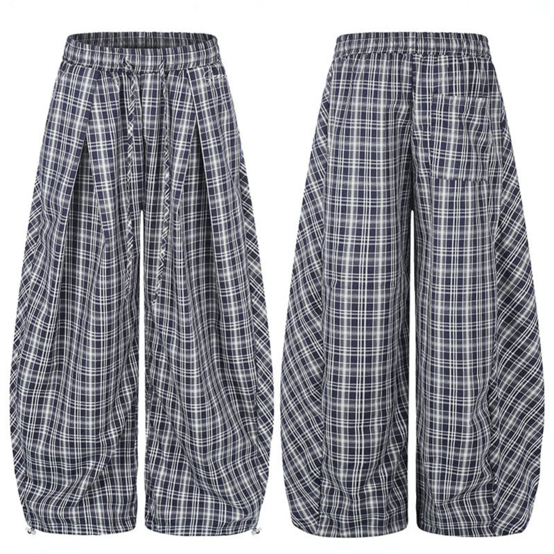 Damen Weite Harem-Ballonhose mit elastischem Bund, Kordelzug und Karomuster Nord Taschen
