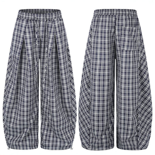 Damen Weite Harem-Ballonhose mit elastischem Bund, Kordelzug und Karomuster Nord Taschen