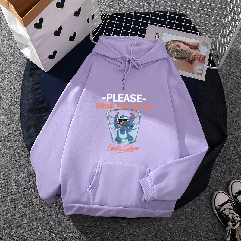Damen nan Kapuzenpullover mit großflächigem Cartoon-Glas-Print, weichem Fleece-Innenfutter und Kängurutasche Nord Taschen