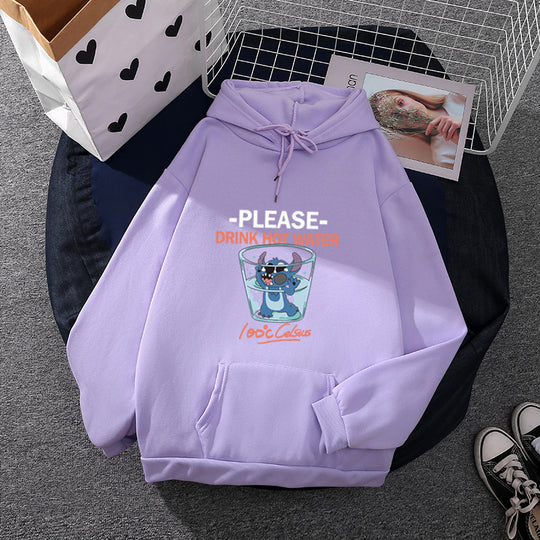 Damen nan Kapuzenpullover mit großflächigem Cartoon-Glas-Print, weichem Fleece-Innenfutter und Kängurutasche Nord Taschen
